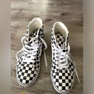 Vans high top checkerboard.